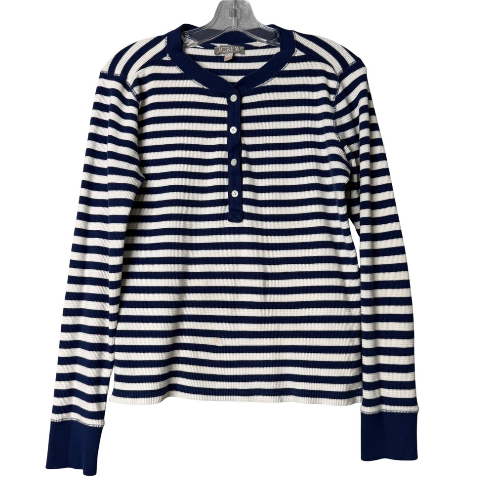J. Crew Waffle Henley PJ Top Women M Navy Blue Stripe Preppy Classic Long Sleeve